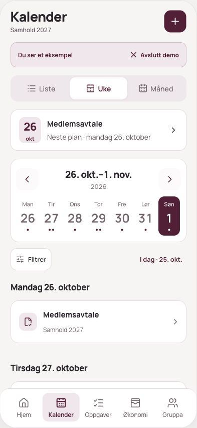 Felles ukeplan i Russeklar, vist med eksempeldata