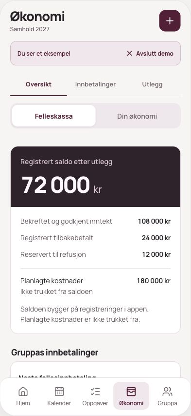 Økonomisk oversikt i Russeklar med registrerte innbetalinger og utlegg