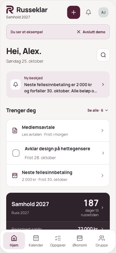Russeklar sin hjemskjerm med felles planer, oppgaver og beskjeder